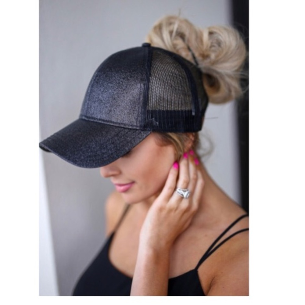 OUT OF STOCK Black Glitter Messy Bun Baseball Hat